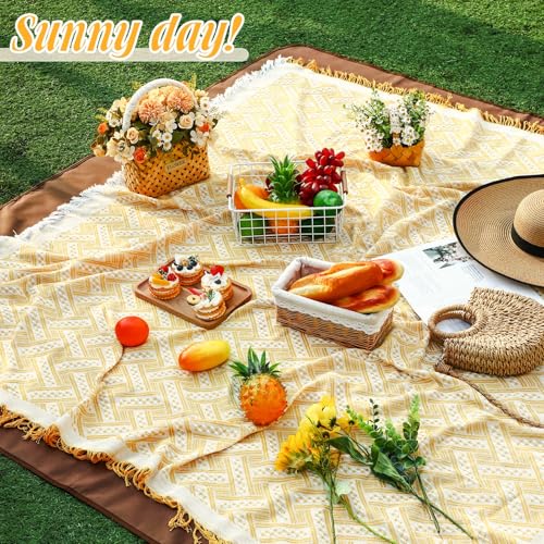 VitalCozy Waterproof Picnic Blankets 71×71 inch Outdoor Blanket Foldable 2 in 1 Double Layer Sandproof Beach Mat with Carry Strap for Camping Lawn Park Beach Grass(Yellow) - color: Yellow White