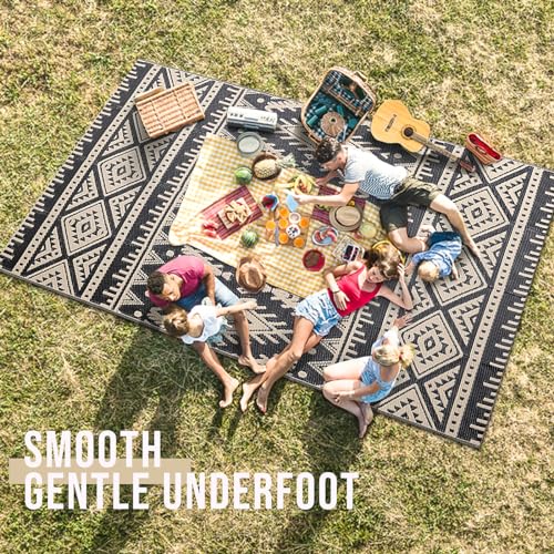 OLANLY Outdoor Rug Waterproof 5x8 ft, Reversible Outdoor Plastic Straw Rug, Boho Patio Rug, Indoor Outdoor Carpet, RV Mat Outside for Patio, Camp, Picnic, Balcony, Deck, Backyard, Black & Beige - color: Black & Beige, size: 5' X 8' (Rectangular)