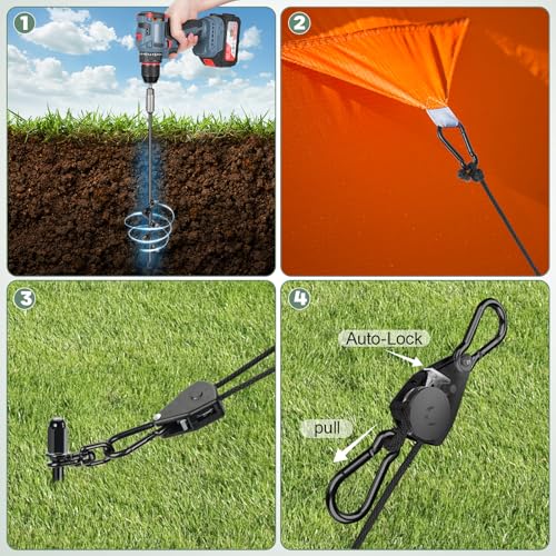 Tinnmao 6-Pack 17.7" Tent Stakes Heavy Duty, with 8" Ratchet Tie Down Straps (1/8" φ) Kit for High Wind, 8mm Solid Steel Spiral Ground Anchors Screw in for Tarp | Canopy | Sand Beach Camping Tent - size: 6 Pack