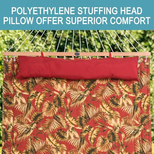 Lazy Daze Hammocks 12FT Quilted Fabric Hammock with Soft Pillow, Double 2 Person Tree Hammock with Spreader Bar for Outside Patio Poolside Backyard Beach, 450 lbs Capacity, Red Leaf - color: Floral Red