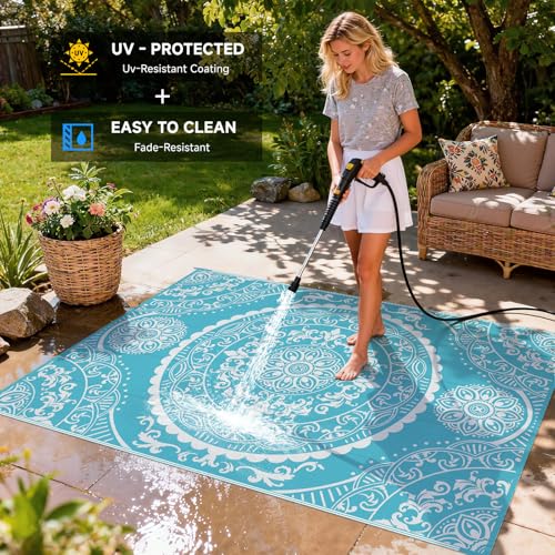 Pauwer Waterproof Outdoor Rug 6x9, Reversible Plastic Straw Patio Camping Rug, Indoor Outdoor RV Mat Carpet for Deck, Camper, Porch, Balcony, Backyard, Picnic, Paisley Teal - color: Paisley Teal, size: 6' x 9' (Rectangular)
