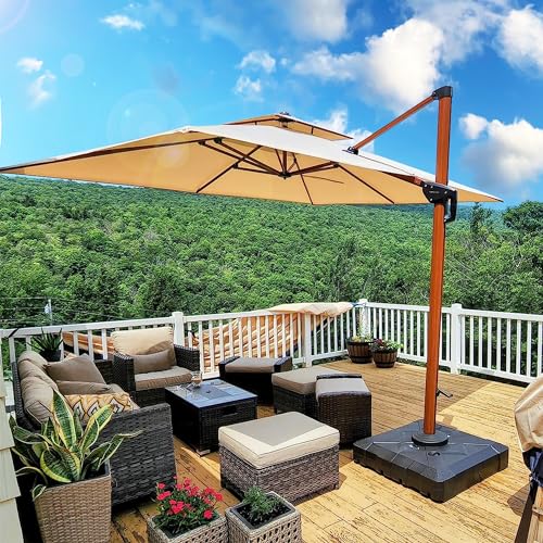 PURPLE LEAF 9' X 12' Double Top Deluxe Wood Pattern Rectangle Patio Umbrella Offset Hanging Umbrella Outdoor Market Umbrella Garden Umbrella, Beige - color: Beige, size: 9'X12', style: Umbrella