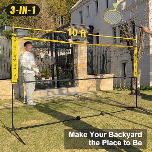 3-in-1 Portable Badminton, Volleyball & Pickleball Net Set for Adults, Adjustable Height 34"–7 ft for Backyards or Beach, Outdoor Sports Combo with Carry Bag, Rackets, Paddles & Balls - style: 10 ft wide Half Court Net
