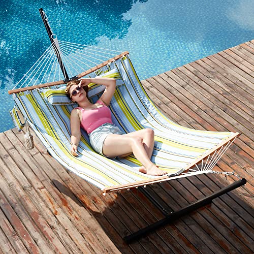 Homgava Two Person Hammock with Stand for Outside Heavy Duty, Outdoor Patio Hammock with Portable Steel Stand, Large Double Hammocks,480lbs Capacity.(Light Blue Stripes) - color: Light Blue Stripes