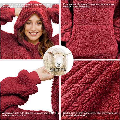 Sherpa Wearable Blanket Oversized Hoodie Sweatshirt TV Blanket with Long Sleeves and Pocket -WineRed - color: Winered