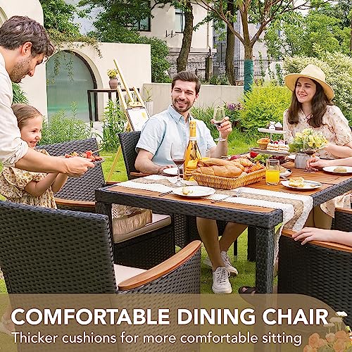 Devoko Dining 7 PCS Furniture, Patio Conversation Set with Acacia Wood Table Top, Outdoor, Beige Cushion and Black Rattan - color: Black, style: 7 Piece Dining Set