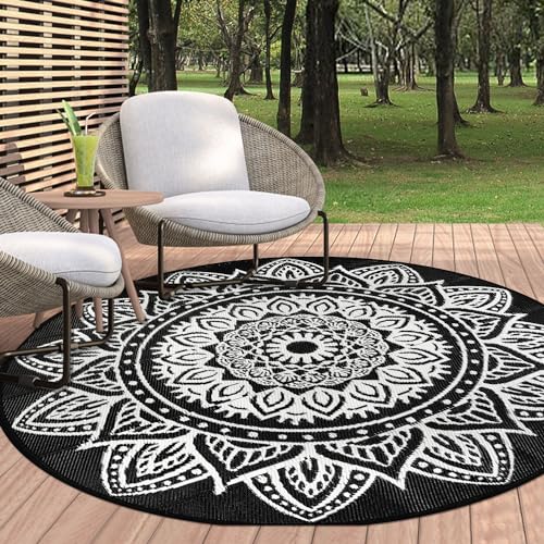famibay Round Outdoor Rugs for Patios, 6 Ft Round Outdoor Rug Waterproof Round Patio Rug Outdoor Plastic Straw Rug Lightweight Portable Boho Outdoor Carpet Mats for Patio Backyard Camping Porch - color: Black/White, size: Round 6ft