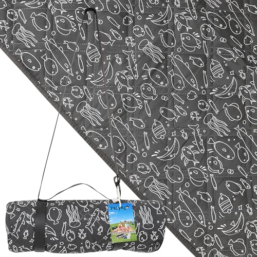 Outdoor Picnic Blanket Black Fish 80"x80" Large Sandproof Beach Blanket Waterproof Picnic Blankets Foldable for Caming, Beach, Outdoor Activities. - color: W-black Fish, size: 80"x80"