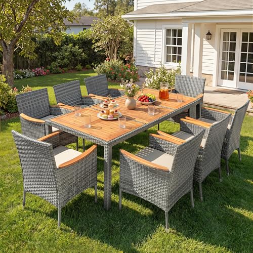 Devoko Outdoor Patio Dining Sets 9 Pieces Wicker Outdoor Dining Table and Chairs Set with Acacia Wood Table Top and Widened Armrests for Backyard, Garden, Deck (Grey) - color: Grey, style: 9 Piece Dining Set