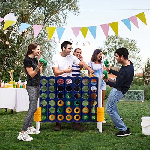 KOTEK Giant 4-in-a-Row Game, 3.5 Feet Tall Jumbo 4-to-Score Family Fun Game w/Quick-Release Sliders & 42 Large Rings, Oversized Connect Plastic Yard Game Outdoor for Kids & Adults (Dark Blue+White) - color: Dark Blue+white