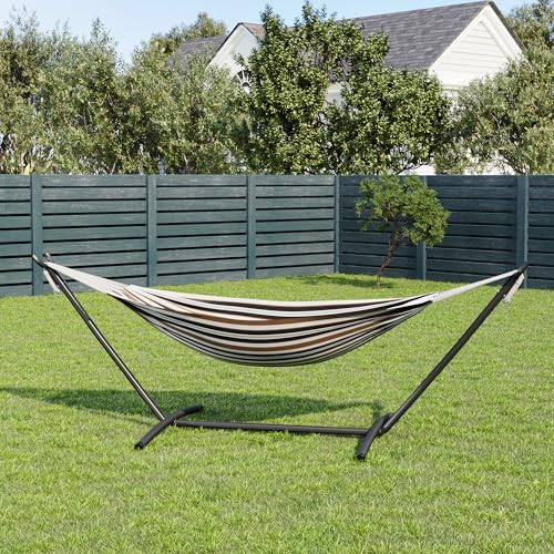 GarveeLife Double 2 Person Hammock, Indoor Outdoor Standing Hammock with Space Saving Steel Stand, Carry Bag, 450 LBS Weight Capacity, Suitable for Garden Camping Beach, Coffee - color: Coffee