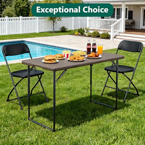 Folding Table, 4FT Foldable Picnic Table with Carrying Handle, Heavy Duty Fold-in-Half Portable Table for Weddings, Camping, RV Travel, Parties, BBQs, and Indoor Use, Easy to Fold and Store, Khaki - color: Khaki, size: 4FT
