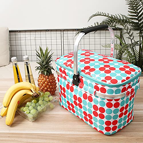 Insulated Picnic Basket 26L Portable Collapsible Market Leakproof Tote with Aluminum Handle for Camping, Shopping, Travel, Large Size (Polka Dot) - color: Polka Dot