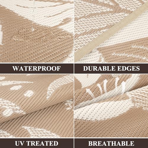 Pauwer Waterproof Outdoor Rug 8x10, Reversible Plastic Straw Patio Camping Rug, Indoor Outdoor RV Mat Carpet for Deck, Camper, Porch, Balcony, Backyard, Picnic, Floral Brown - color: Floral Brown, size: 8' x 10' (Rectangular)