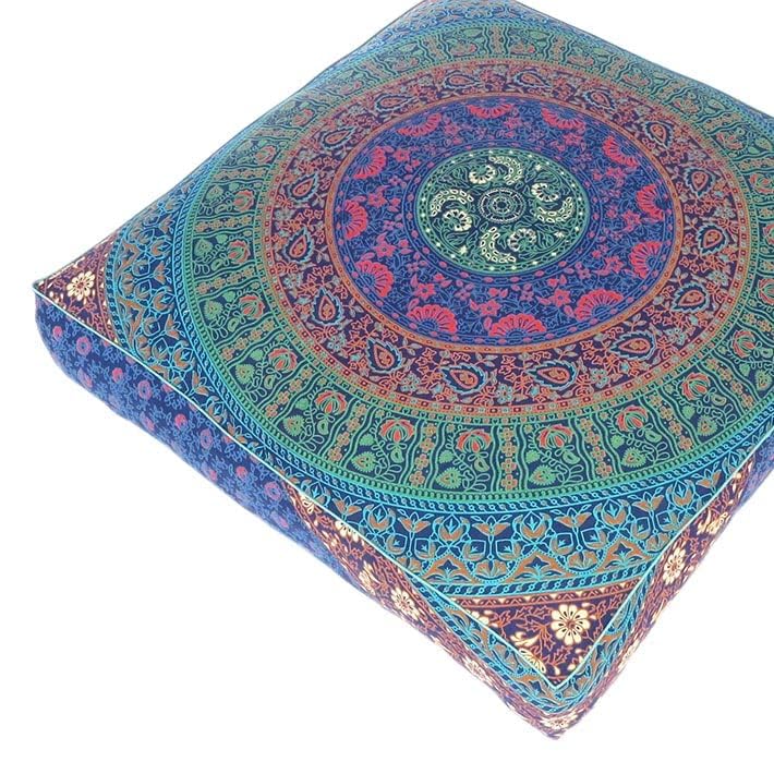 35" Large Oversized Green Blue Floor Pillow Cover Pouf Meditation Cushion Seating Mandala Square Hippie Colorful Decorative Bohemian Accent Boho Chic dog bed Indian Handmade COVER ONLY