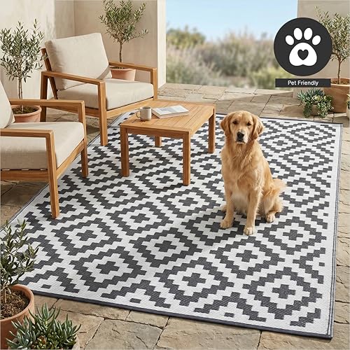 FH Home Outdoor Rug - Waterproof, Fade Resistant, Reversible - Premium Recycled Plastic - Geometric - Large Patio, Deck, Sunroom, Camping, RV - Aztec - Gray & White Crease Free - 6 x 9 ft - color: Aztec - Gray & White, size: 6' x 9' (Rectangular)