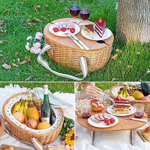 Wicker Picnic Basket for 2 with Large Insulated Cooler Compartment and Folding Table, Cutlery Service Kits, Willow Hamper Set with Woven Handles for Camping, Outdoor, Party(Beige)