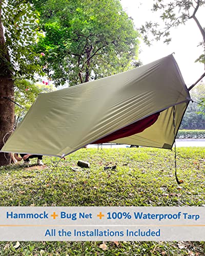 Sunyear Camping Hammock, Portable Single & Double Hammock with Net, 2 Person Hammock Tent with 2 * 10ft Straps, Best for Outdoor Hiking Survival Travel - color: Usa Green Bundle, size: 55"w*106"l (Single)