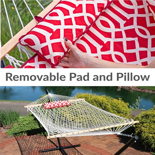Sunnydaze Rope Hammock with Stand for Outside - Heavy Duty Freestanding Portable Outdoor Hammock Set with Quilted Pad, Pillow, and 12-Foot Steel Frame - 275 lb Capacity - Royal Red - color: Royal Red