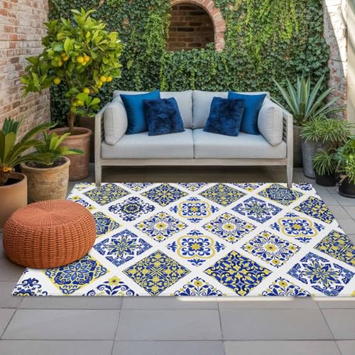 Bohemia Style Area Rug 5' x 8', Outdoor Rugs for Patio Rug Carpet for Sofa Living Room Bedroom, Large Floor Mat and Rugs for RV, Backyard, Deck, Picnic, Abstract Middle Century Aztec Pattern Blue - color: Blue, size: 5' x 8' (Rectangular)