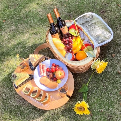 Hap Tim Wicker Picnic Basket Set for 4 with Mini Folding Wine Picnic Table & Large Insulated Cooler Bag & Cutlery Service Kits for 4 Person, Couples Gifts, Wedding Gifts (Y2209-4-CM) - color: Cream White, size: 4 person