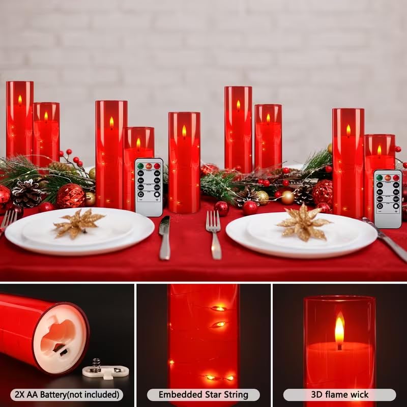 Enido 10 Pc Flameless LED Candles with Remote & Timer, Battery Operated Acrylic Pillar Set, Flickering Electric Lights with Embedded Star String for Cozy Home & Holiday Romantic Decor (Matte Red) - color: Red