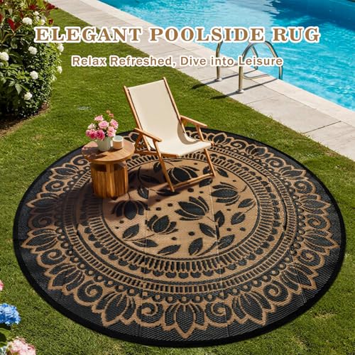 6' Round Outdoor Rug for Patio, Waterproof Fade Resistant Plastic Straw Mat, Reversible Modern Floral Design Portable Easy Cleaning Outdoor Carpet for RV Camping Deck Backyard, Black & Brown - color: Black Flower, size: 6' (Round)