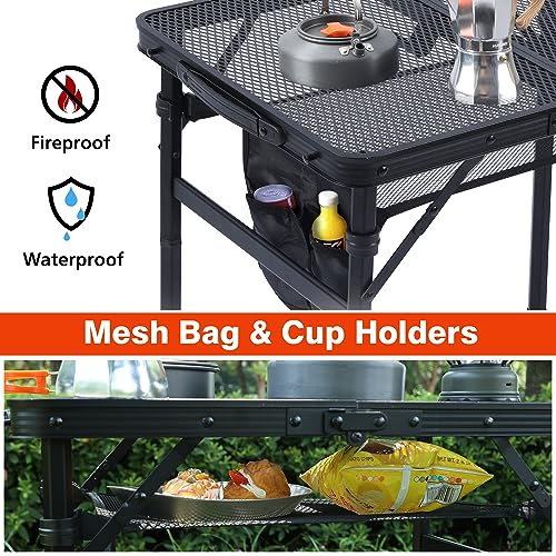 JOUYEK Camping Table, 2x1.3 FT Portable Folding Grill Table, Lightweight Height Adjustable Metal Tables with Mesh Desktop and Mesh Bag, Outdoor Tables for Camping, Picnic, Beach and BBQ, Black - style: 2x1.3 FT
