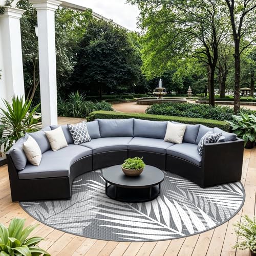 GENIMO Outdoor Rug 10' Round Waterproof for Patios Clearance, Reversible Outdoor Plastic Straw Camping Rug Carpet, Large Area Rugs Mats for RV, Camper, Deck, Balcony, Porch, Beach, Picnic, Grey&White - color: Grey & White | Waterproof, size: 10' (Round)