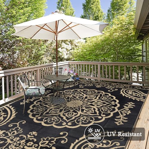 Pauwer Waterproof Outdoor Rug 6x9, Reversible Plastic Straw Patio Camping Rug, Indoor Outdoor RV Mat Carpet for Deck, Camper, Porch, Balcony, Backyard, Picnic, Boho Black Brown - color: Boho Black Brown, size: 6' x 9' (Rectangular)