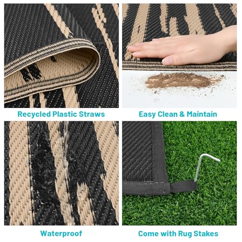HEBE Outdoor Rug 9'x12' for Patios Clearance, Waterproof Reversible Plastic Straw Rug Camping Mat, Indoor Outdoor Area Rugs Carpet for Deck, Porch, RV, Picnic, Balcony - color: Stripe/Black, size: 9' x 12' (Rectangular)