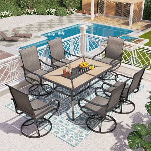 PHI VILLA 7 Piece Patio Dining Set, 6 Swivel Patio Chairs with Textilene Mesh Fabric & Rectangular Wooden-Like Dining Table(1.6"Umbrella Hole), All Weather Patio Chairs and Table Set for Deck (Brown) - color: Brown Fabric, size: 61"L x 38"W x 28"H-7 Piece