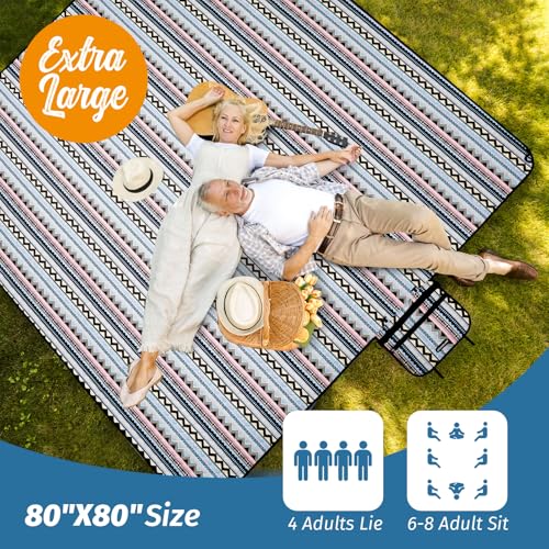 Picnic Blankets Extra Large Outdoor - Beach Blanket Waterproof Sandproof with Shoulder Strap, Machine Washable, Picnic Mat with Stakes for Grass Concert, Park.BohoGeometry - color: Black