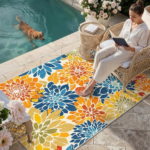 HUGEAR Floral Textured Weave Indoor Outdoor Area Rug 4X6 Washable High Traffic Stain Resistant Non Slip Durable Carpet for Livingroom Patio Deck Balcony Courtyard (Colorful, 4' x 6') - color: Multi Floral / Colorful, size: 4'x6' (Rectangular)