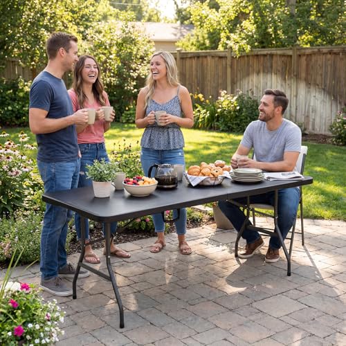 Byliable Folding Table 6ft, Heavy Duty Portable Plastic Fold-in-Half Utility Table with Carrying Handle for Indoor Outdoor, Camping Picnic Party, Black - color: Black, size: 6FT