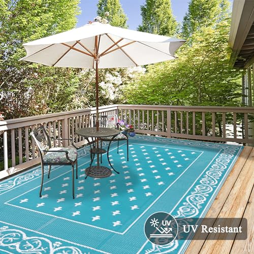 Pauwer Waterproof Outdoor Rug 6x9, Reversible Plastic Straw Patio Camping Rug, Indoor Outdoor RV Mat Carpet for Deck, Camper, Porch, Balcony, Backyard, Picnic, Bordered Teal - color: Bordered Teal, size: 6' x 9' (Rectangular)