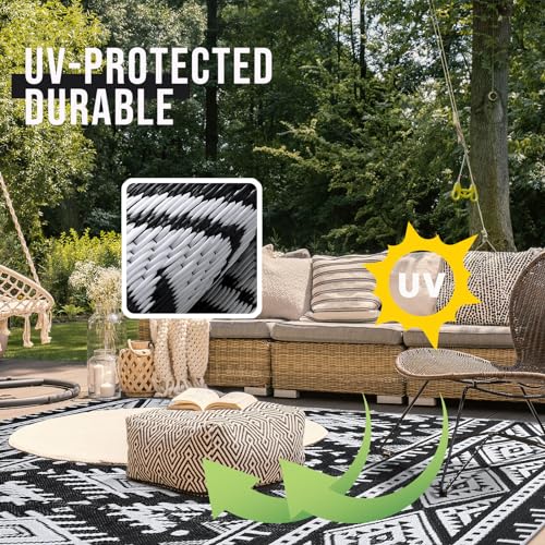 OLANLY Outdoor Rug Waterproof 4x6 ft, Reversible Outdoor Plastic Straw Rug, Boho Patio Rug, Indoor Outdoor Carpet, RV Mat Outside for Patio, Camp, Picnic, Balcony, Deck, Backyard, Black & White - color: Black & White, size: 4' X 6' (Rectangular)
