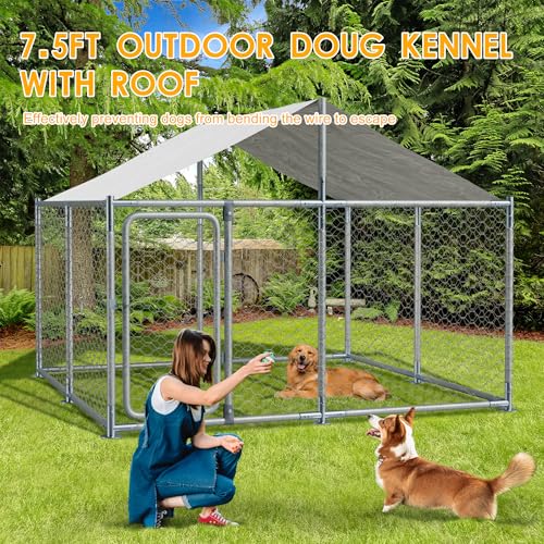7.5 FT Large Outdoor Dog Kennel with Roof Heavy Duty Dog Kennel House, Galvanized Chain Link Dog Runs Pet Playpen with Waterproof UV-Resistant Cover and Secure Lock - size: 90"×90"×63"