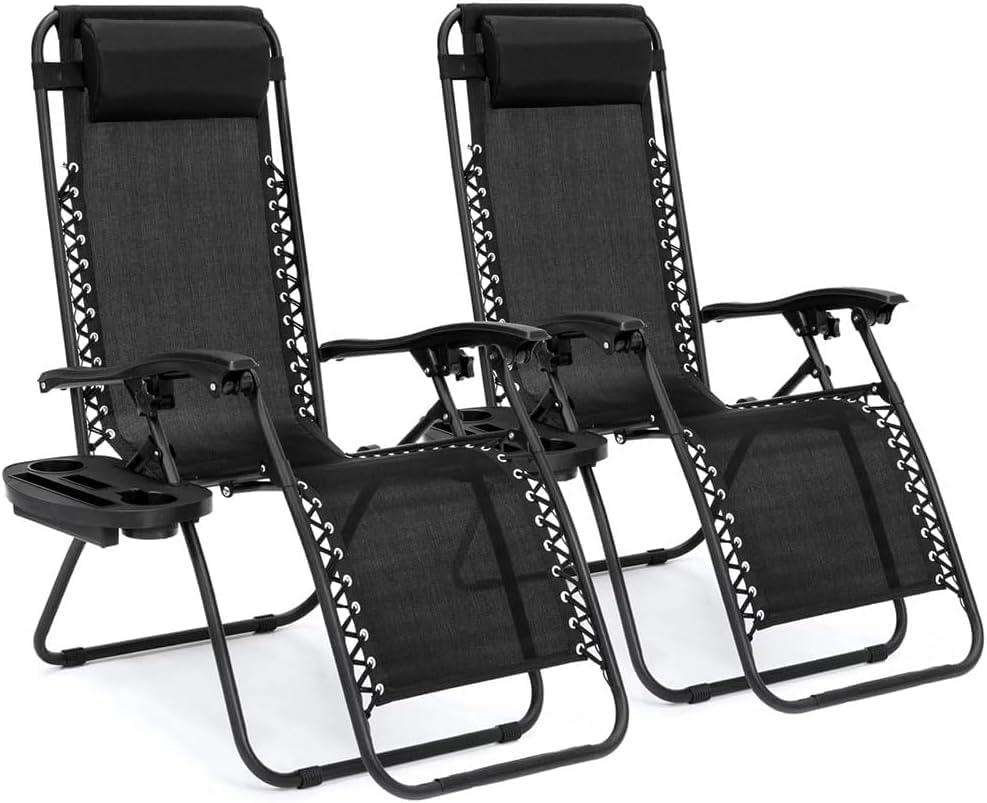 Amazing for less (2-Pack) Zero Gravity Lounge Chair Adjustable Outdoor Reclining Chair Folding Patio Anti-Gravity Indoor Outdoor Lounge Chair w/Pillow, Cup Holder (Two Chairs - Black) - color: Two Chairs - Black
