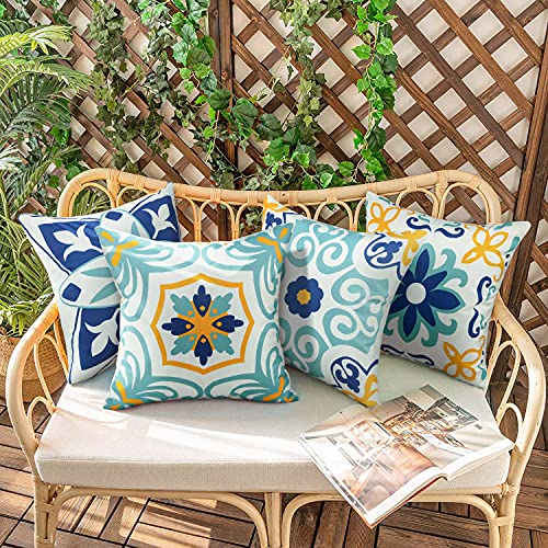 Pyonic Outdoor Waterproof Throw Pillow Covers Set of 4 Floral Printed and Boho Farmhouse Summer Outdoor Pillow Covers for Patio Funiture Garden 18x18 Inch Blue - color: Blue, size: 18" x 18" (Pack of 4)