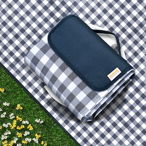 SAMSIER Outdoor Picnic Blankets Waterproof Foldable, Large Beach Blanket Sandproof, Gingham Picnic Mat Cute Washable Portable (Navy Blue, 80"×80") - color: Navy Blue, size: 6'8" x 6'8" (Square)