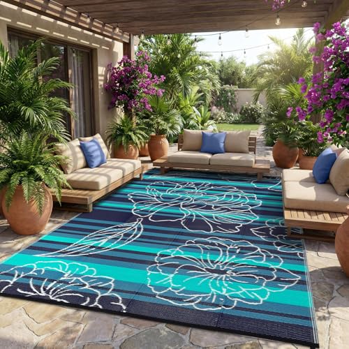 Garvee 8x10 Outdoor Waterproof Rug, Floral Outdoor Area Rug，Reversible Plastic Straw Patio Rug, Portable Camping Mat for RV, Picnic, Beach, Balcony, Garden & Camping Black&Blue - color: Blackblue, size: 8' x 10' (Rectangular)