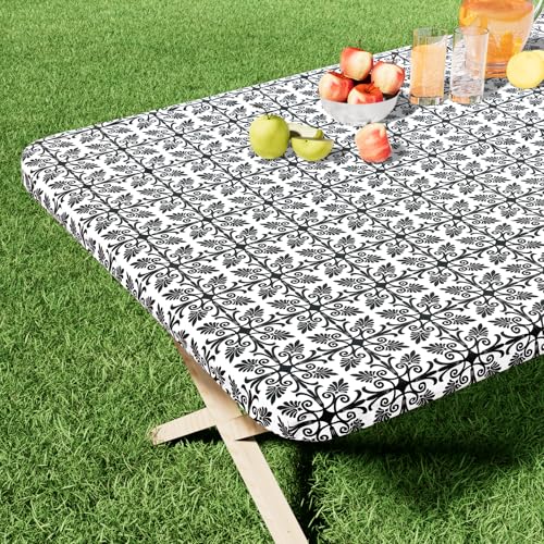 misaya Rectangle Vinyl Table Cloth, Elastic Fitted Flannel Backed Tablecloth, 100% Waterproof Plastic Table Cover Fits 6 Foot Folding Tables for Picnic, Camping, Outdoor (Black, 30" x 72") - color: Black, size: 72" x 30" (Rectangular)