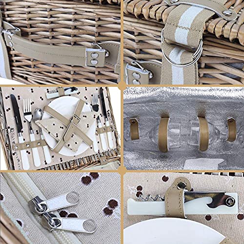 Willow Picnic Basket Set for 2 Persons with Large Insulated Cooler Bag and Waterproof Picnic Blanket, Wicker Picnic Hamper for Camping,Outdoor,Birthday - color: Beige Flower