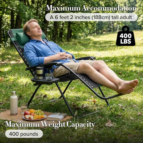 NEWBULIG Padded Zero Gravity Chair, Foldable Outdoor Lounge Chair for Patio, Camping & Backyard, Portable Anti-Gravity Recliner, Adjustable Locking, Removable Tray, 330 lbs Capacity, Black & Green