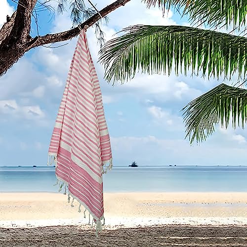 HILLFAIR Cotton Turkish Beach Towels, Quick Dry Lightweight Sand Free Peshtemal Towel for Bath Swim Yoga Spa Travel, Beach Accessories, Oversized Cotton Turkish Towels (39 x 72 inch- 4 Pack Pink) - color: Pink, size: 39 x 72 inch ( Beach towel - 4 PACK )