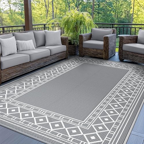 GENIMO Outdoor Rug Waterproof for Patio Decor, 5'x8' Reversible Plastic Straw Area Carpet, Camping Outside Mat for Outdoor, RV, Deck, Camper, Balcony,Picnic Grey & White - color: Grey & White | Natural, size: 5' x 8' (Rectangular)
