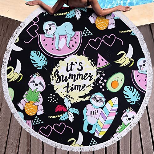Benefeet Sox Beach Towel Large Round Mandala Pool Towels Tassels Microfiber Quick Dry Beach Blanket Throw Bohemian Roundie Swim Pool Circle Towel, 59 Inches - color: Cute Sloth, Tropial Fruits, Hawaiian Palm Tree