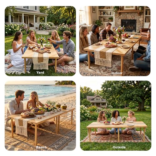 Boho Picnic Table, Portable Low Floor Sitting Table, Outdoor Folding Low Picnic Table for 6 Person, Wooden Low Table with Table Runner for Backyard, Beach, Camping, Wedding