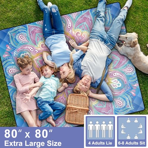 80x80 Waterproof Picnic Blankets Outdoor Oversized Sand Free Beach Blanket Portable Couples Yoga Meditation Mat Lawn Patio Concert Necessities Summer Vacation Garden Camping Essentials Gifts - color: Blue and Pink Mandala, size: 6'8" x 6'8" (Square)